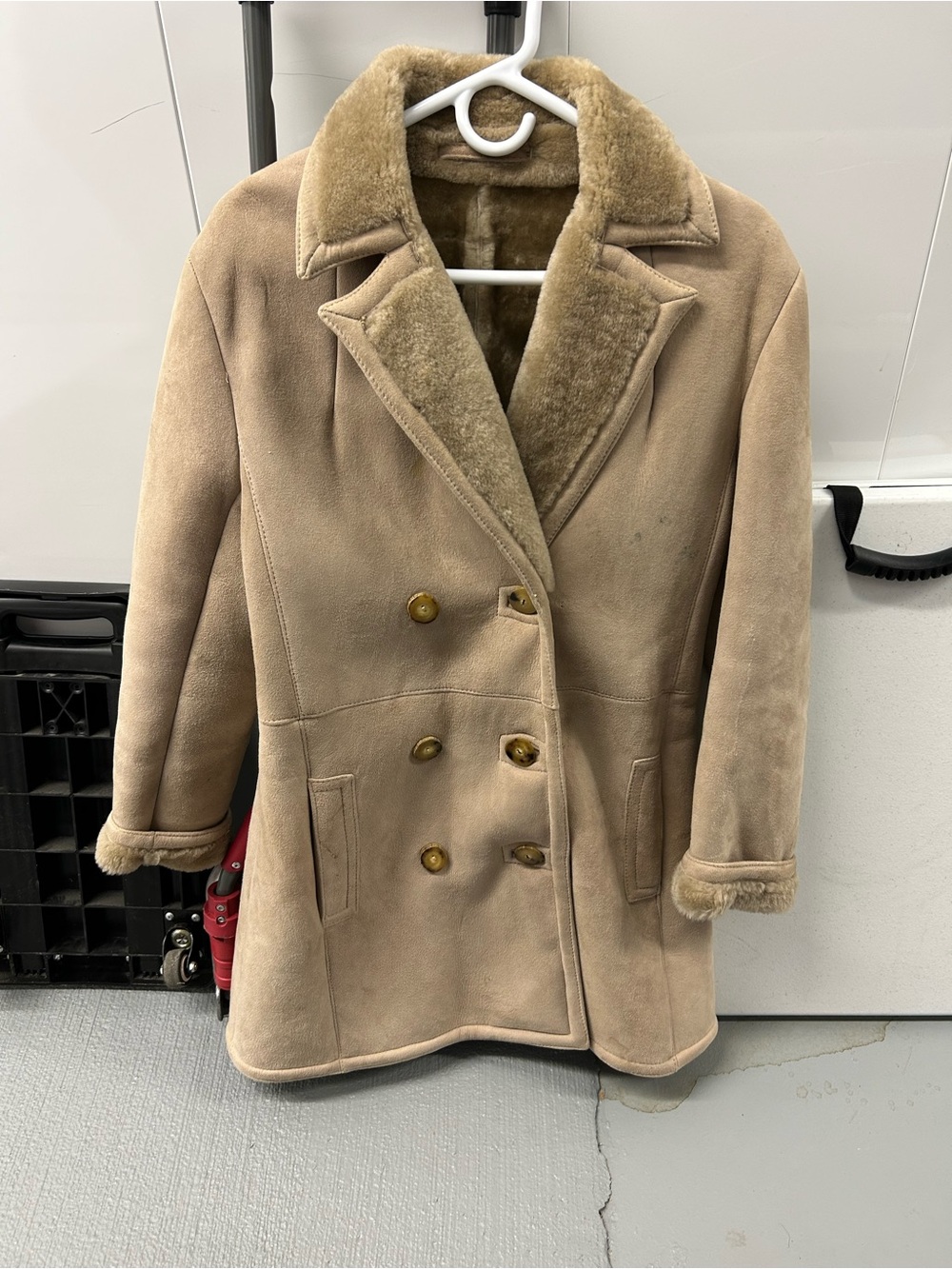 Women's Double-Breasted Shearling Pea Coat in Beige